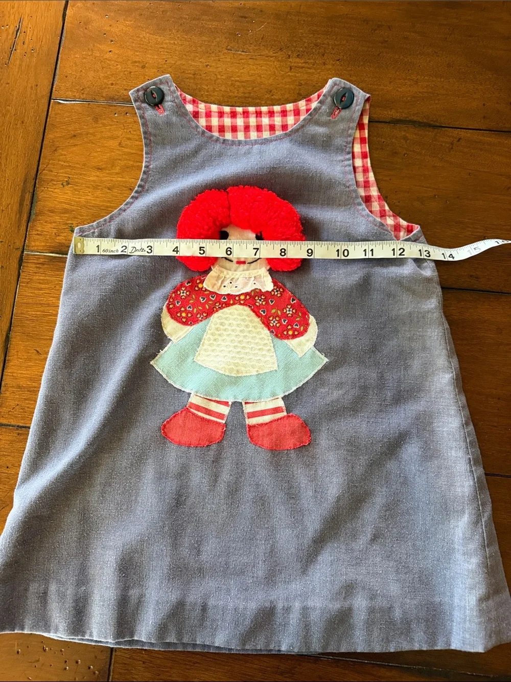 Vintage Handmade Girls Dress Red Gingham Rag Doll Toddler Pinafore